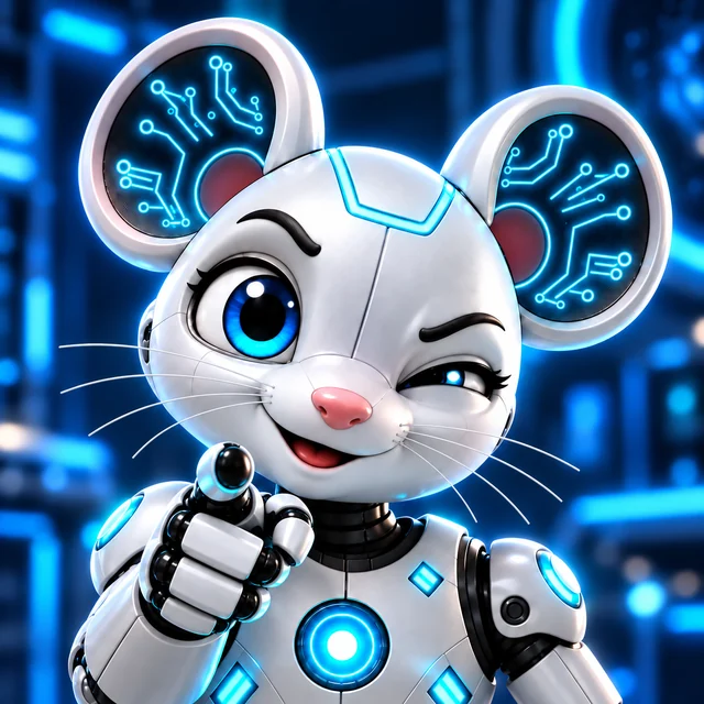 RoboRat®, a friendly silver robot mouse with bright blue eyes and circuit-patterned ears, pointing toward you.